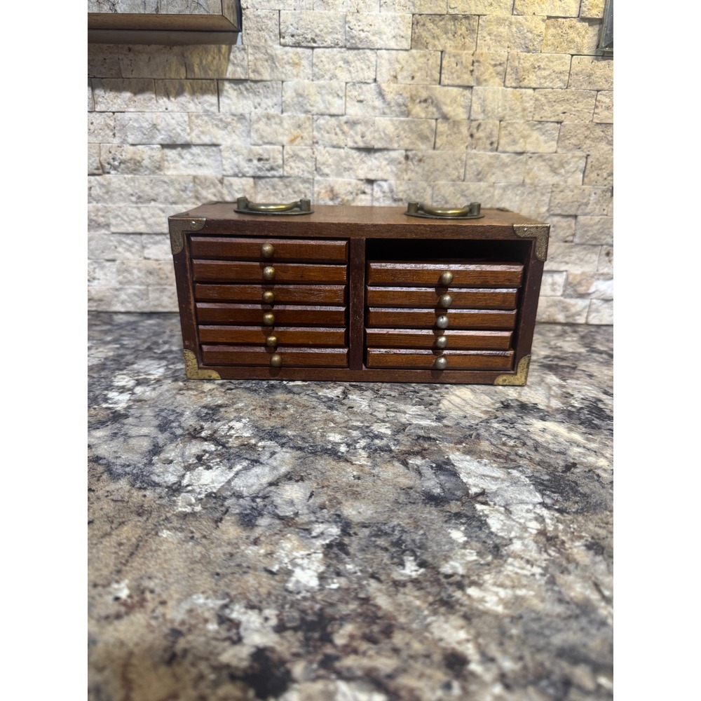 Vintage Goodwood Wood Coaster Set in Miniature Apothecary Chest Brass Accents